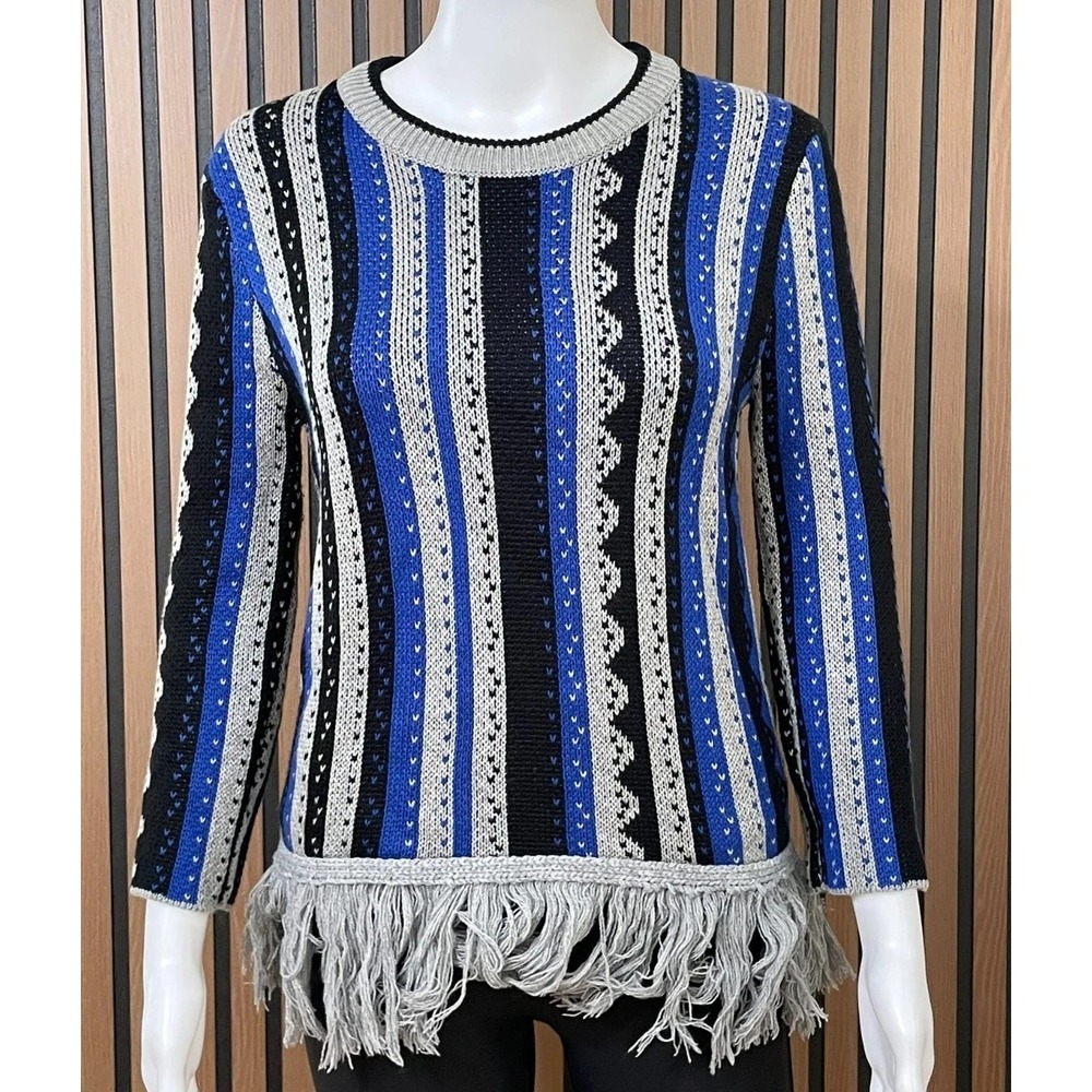 English Factory Women's S Blue Sweater Acrylic Striped Knit Fringe Hem Boho Cozy
